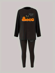 Pumpkin & Cat Print Long Sleeve Tee & Leggings Pajama Set
