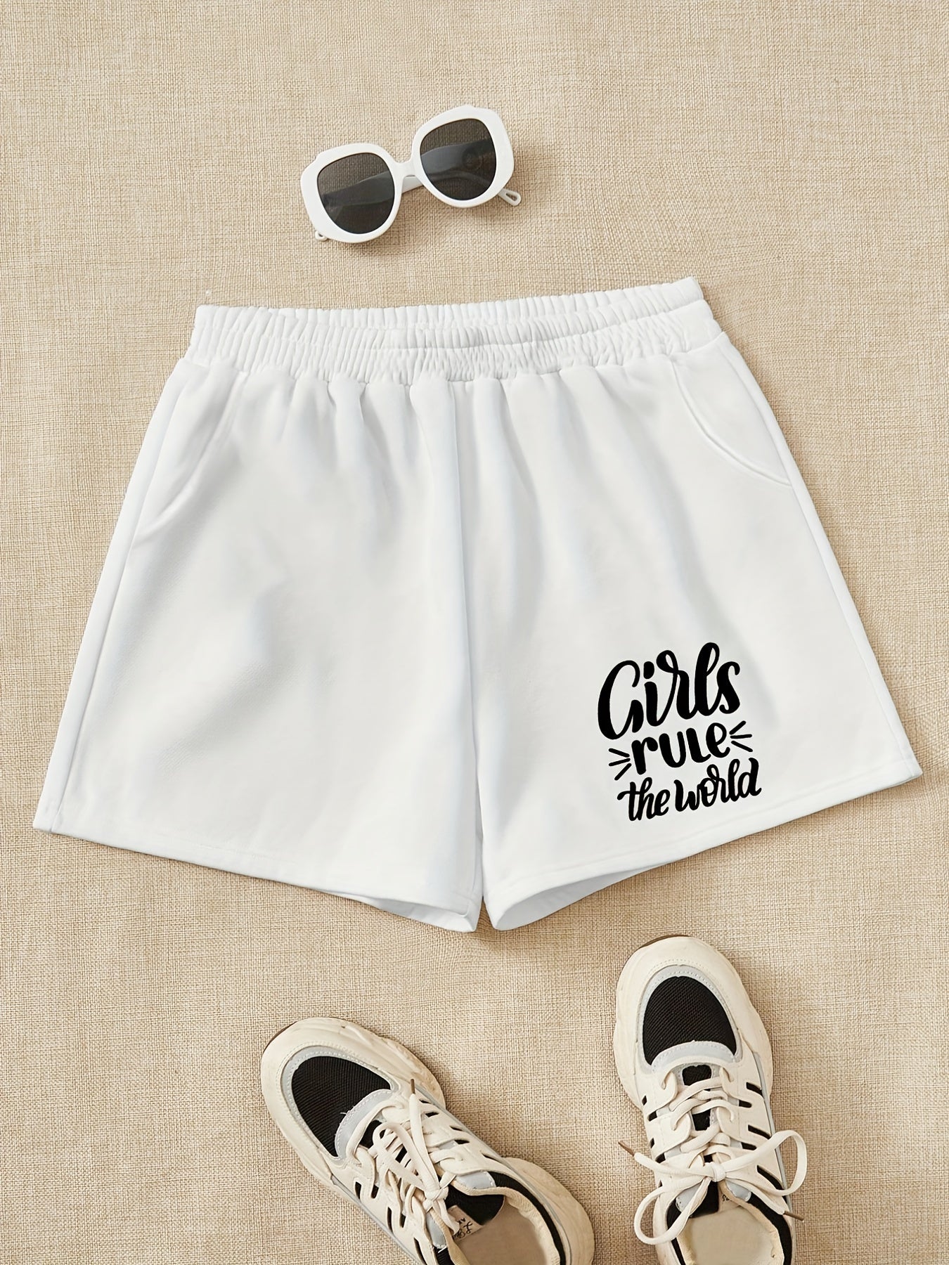 Girls 'Girls Rule The World' Sweat Shorts Elastic Waist
