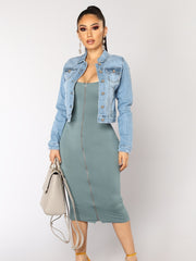 Long Sleeves Denim Coats Single Breasted Button Flap Pockets Lapel Denim Jackets