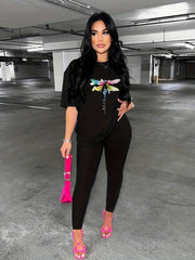 Dragonfly Print Two Piece Set Crew Neck Short Sleeve Top & Slim Pants