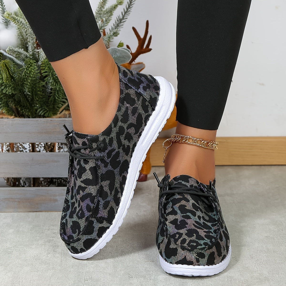 Leopard Printed Lace up Boat Shoes Low Flats Casual Walking Shoes