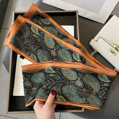 Flower Print Skinny Scarf Double Layer Silk Scarf Long Ribbon Neck Tie