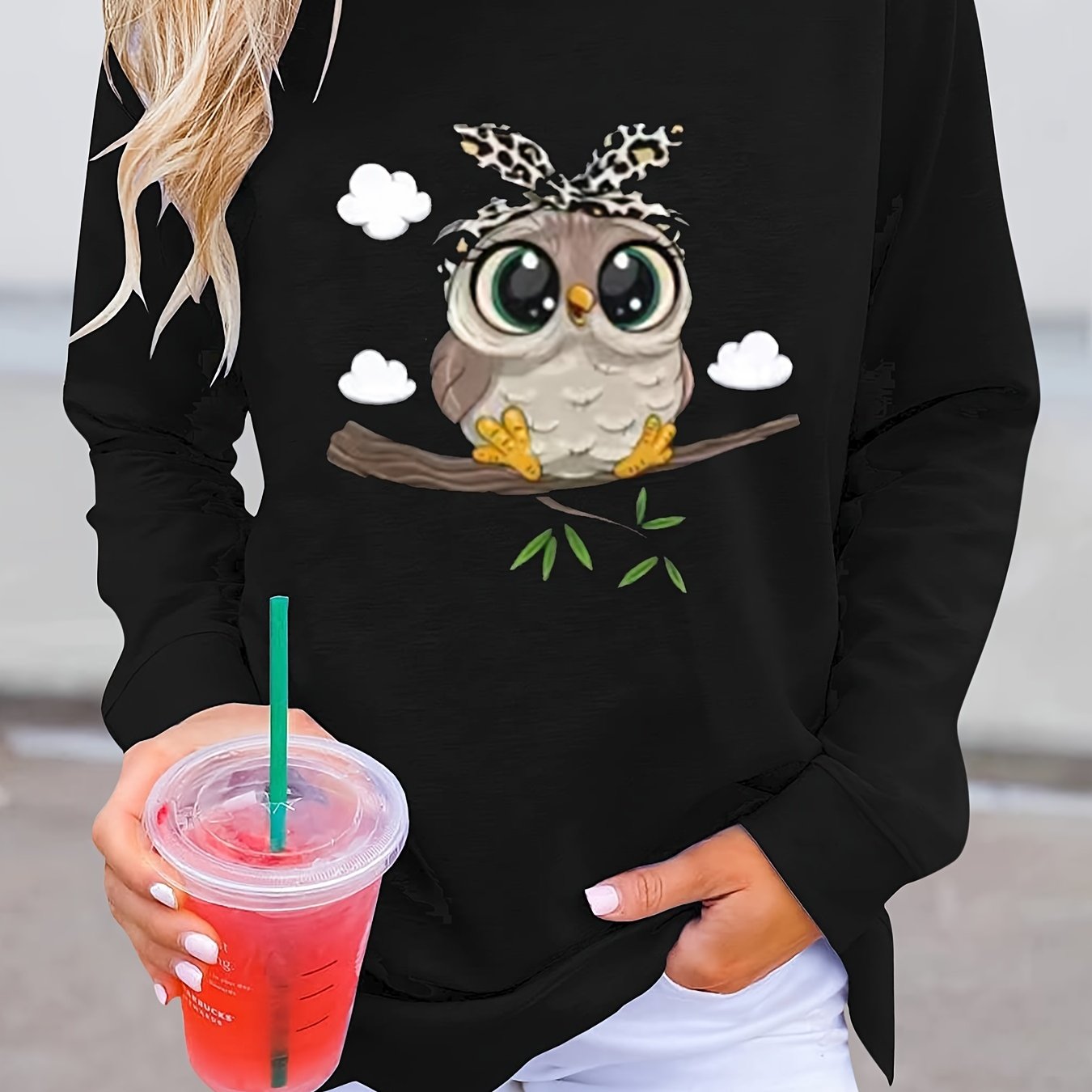 Owl Print Pullover Sweatshirt for Spring & Fall Women's Clothing