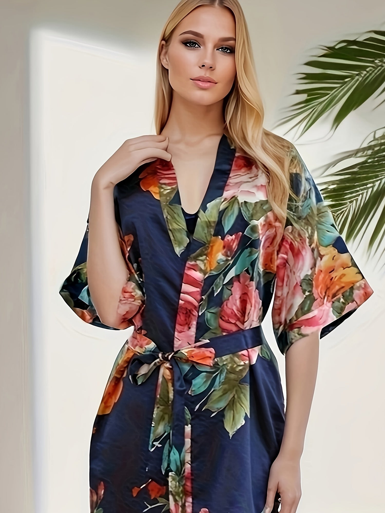 Floral Print V-Neck Night Robe with Belt