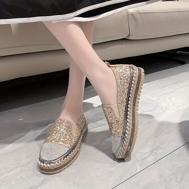 Glitter Sequins Platform Slip On Sneakers with Rhinestone Decor