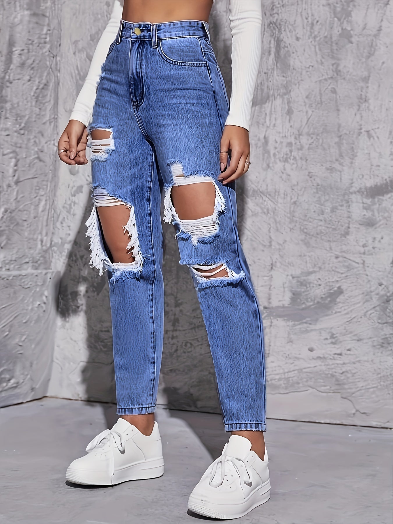 High Waist Distressed Denim Pants Women's Jeans
