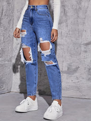 High Waist Distressed Denim Pants Women's Jeans