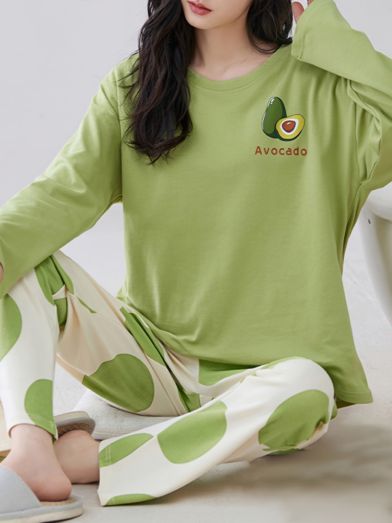Avocado Print Pajama Set Long Sleeve Top & Pants Women's Sleepwear