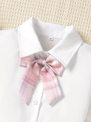 Girls Bow Front Button Short Sleeve Blouse Top & Plaid Pleated Skirt Set