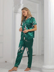 Green Floral Satin Pajama Set Short Sleeve Pocket Top & Cozy Long Pants