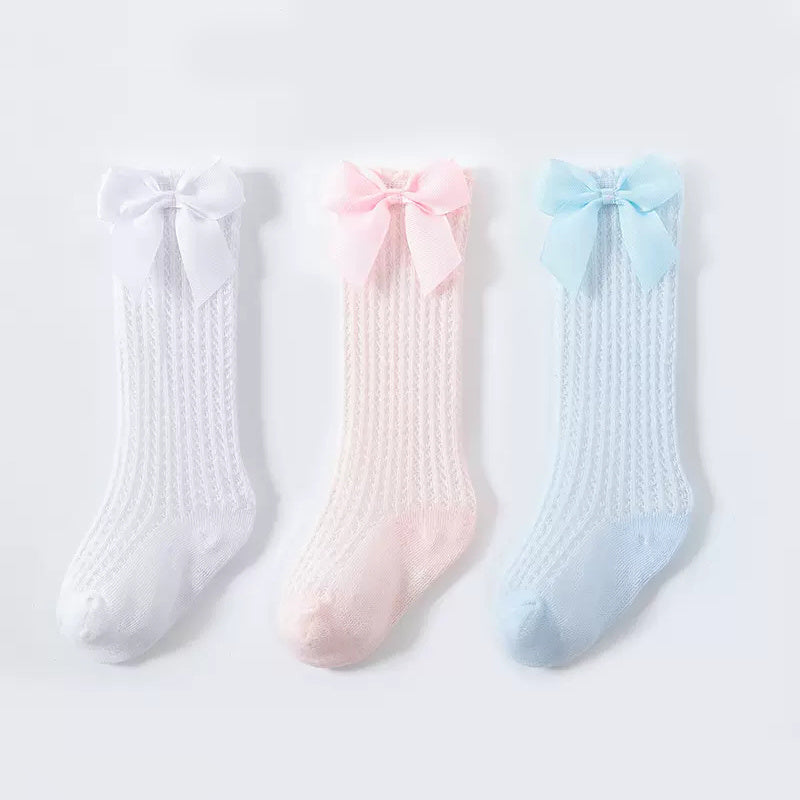 Bow Decor Thin Knit High Socks for Girls