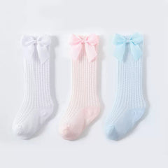 Bow Decor Thin Knit High Socks for Girls