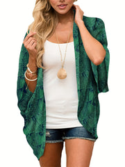 Leaf Print Cover Up Shirt V Neck Loose Fit Half Sleeves Non Stretch