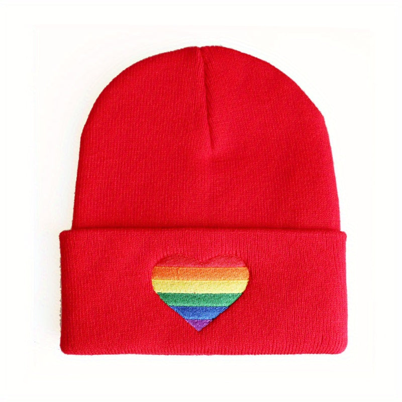 Rainbow Heart Embroidered Beanie