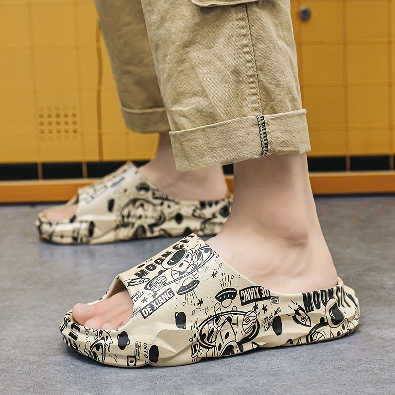 Men's Cartoon Print Platform Slides Casual Slippers