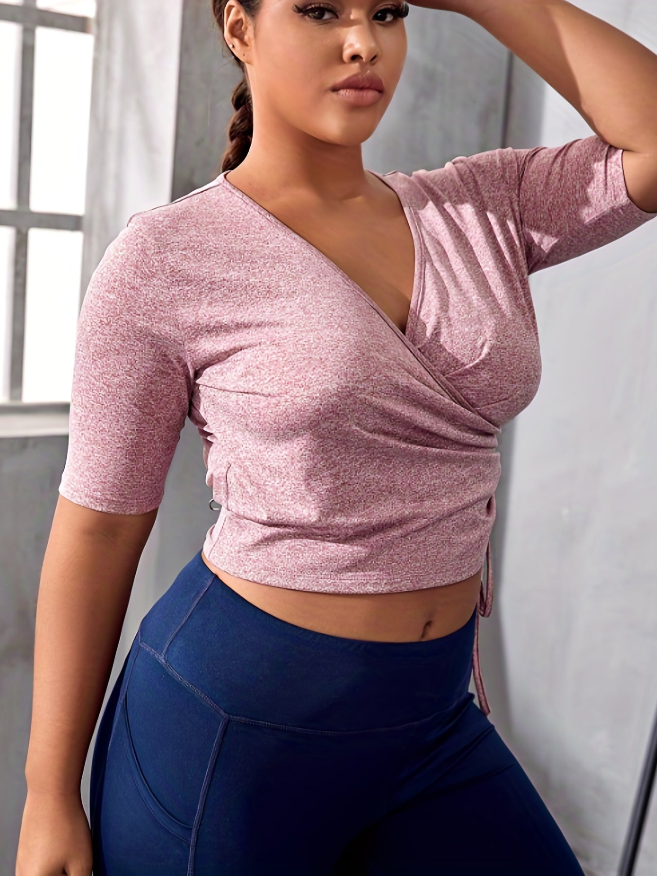 Heathered Drawstring Short Sleeve Sports Crop Top