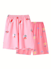 2 Pack Women's Plus Lemon & Strawberry & Turnip Print Elastic Waist Shorts Set