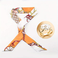 Orange Skinny Scarf & Scarf Ring Set Faux Pearl Camellia Shawl Buckle