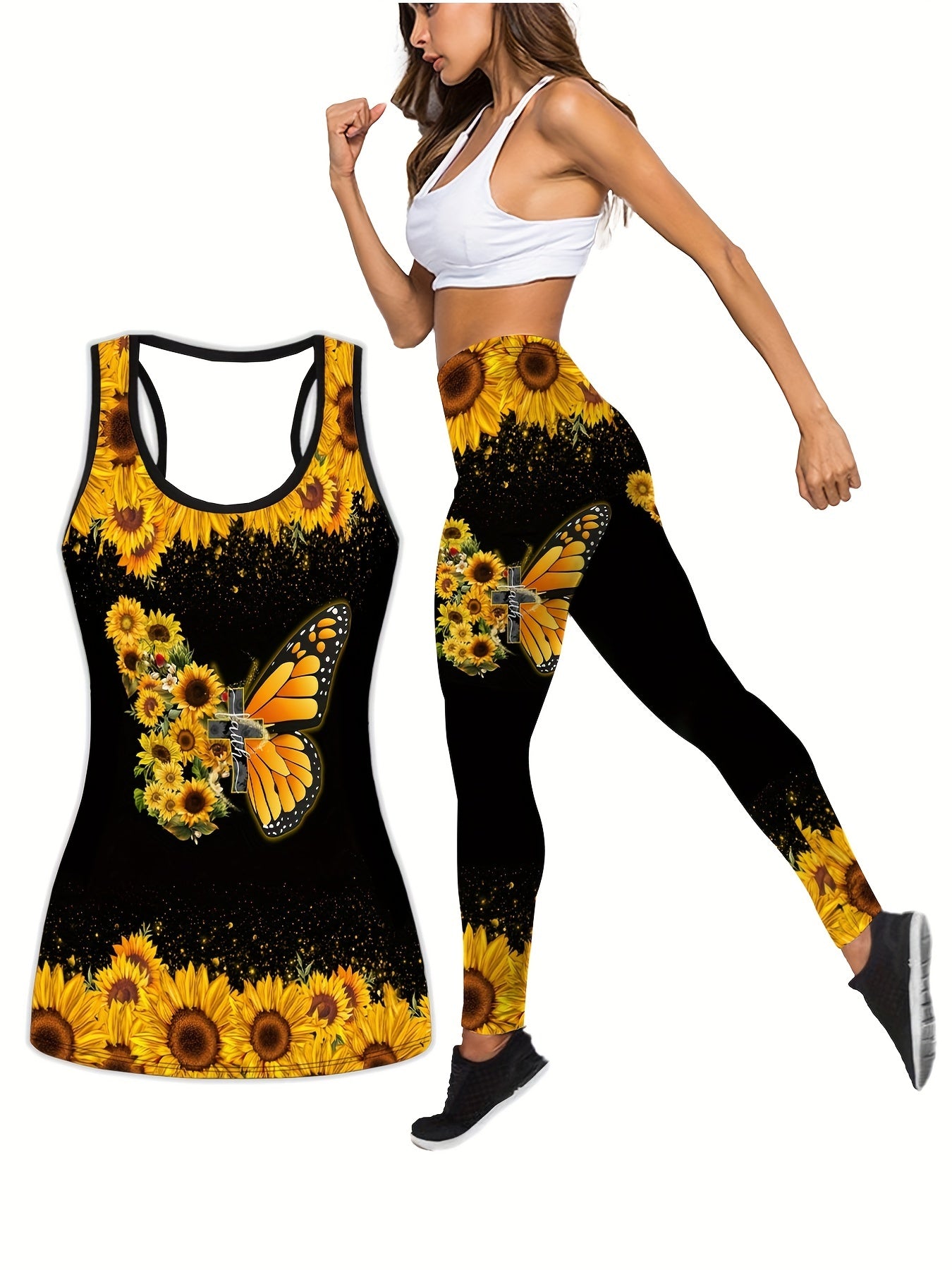 Sunflower & Butterfly Print Tank Top & Leggings Yoga Outfit Set
