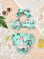 2pcs Baby Girls Bowknot Floral Halter Top & Shorts Swimsuit Bikini Set