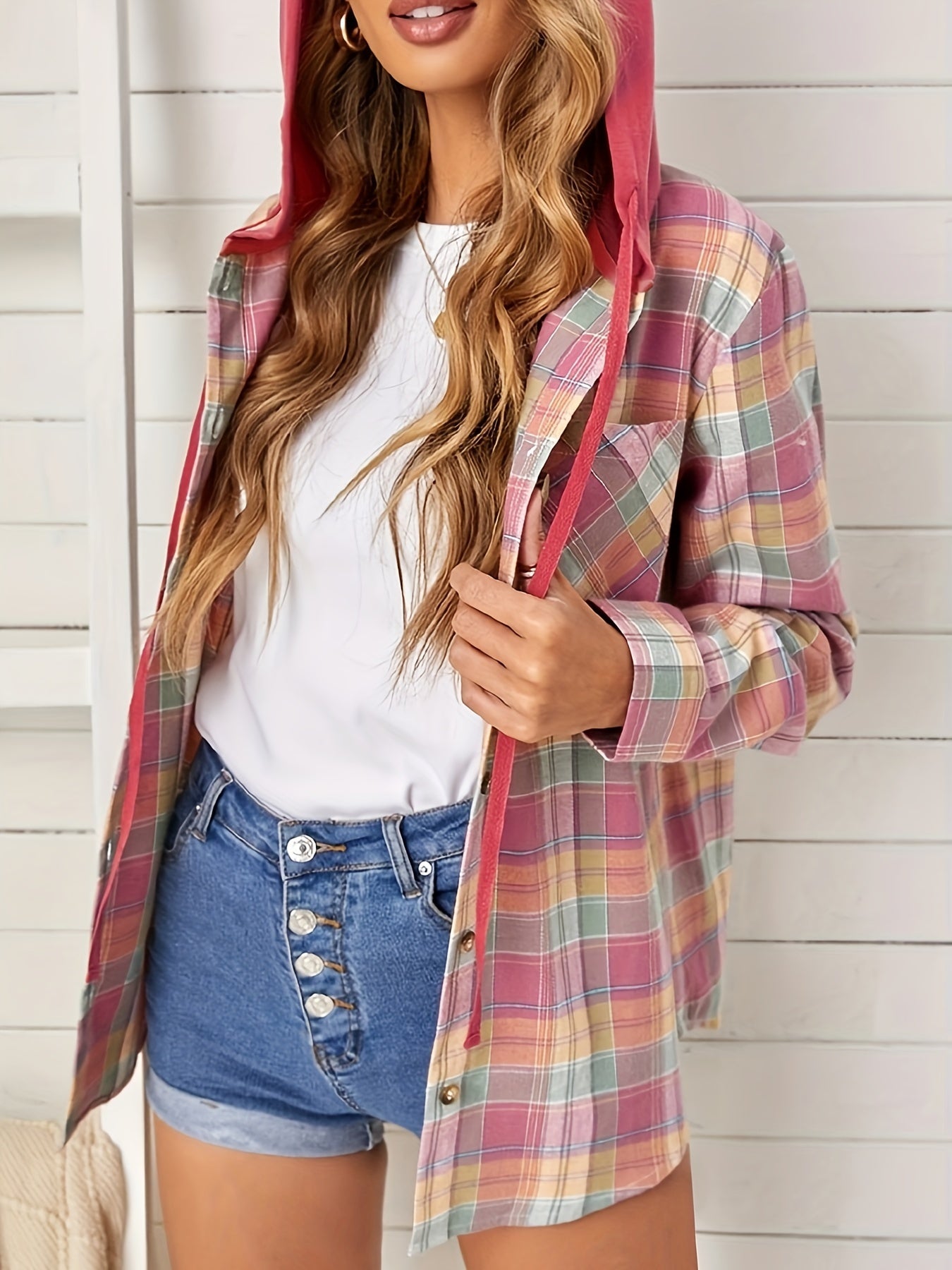 Colorblock Plaid Print Hooded Shacket