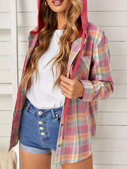 Colorblock Plaid Print Hooded Shacket