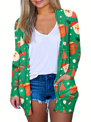 Women's Plus Bell & Snowflake Print Long Sleeve Cardigan