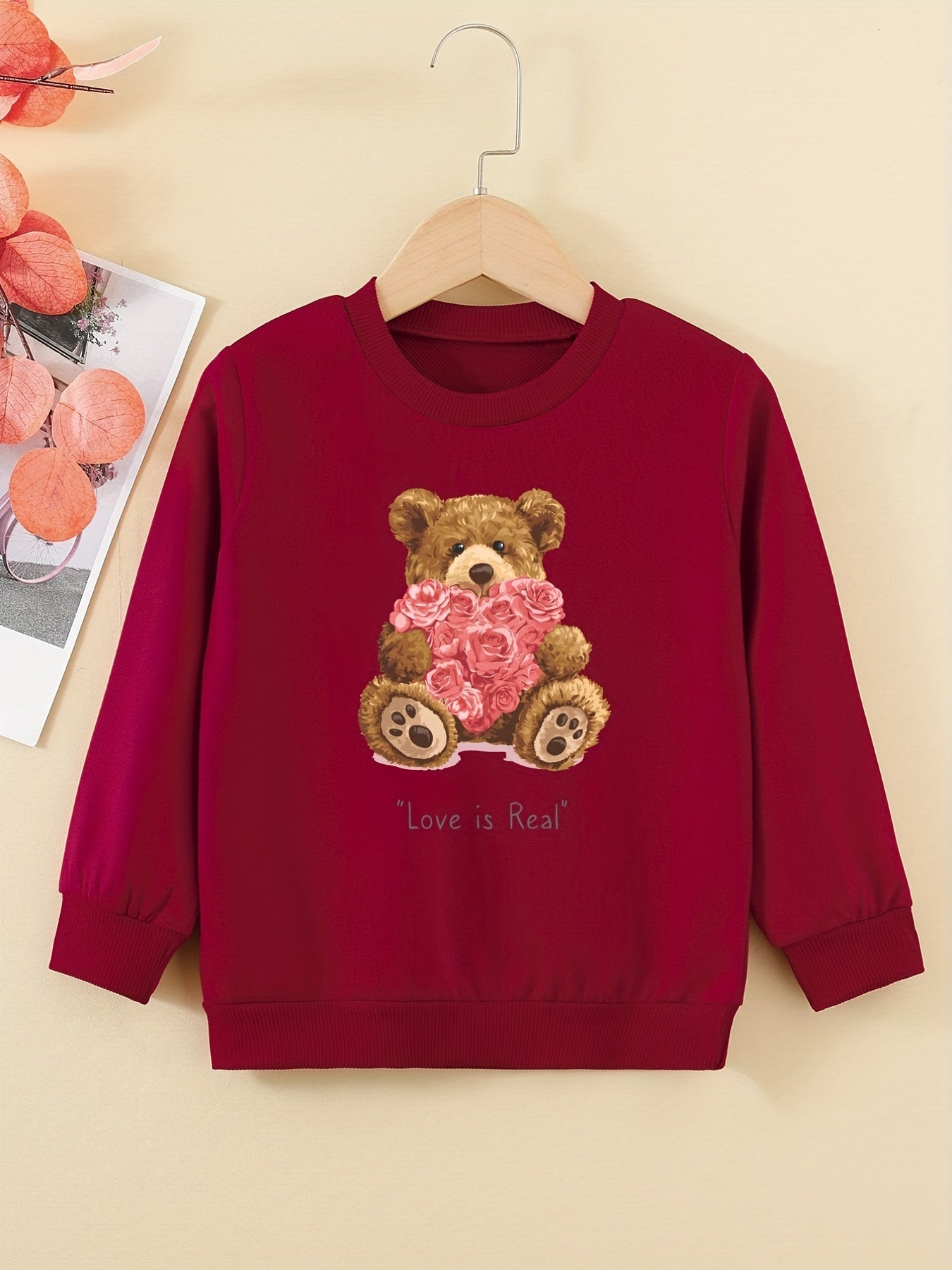 Cartoon Bear And Roses Sweatshirt For Girls Comfy Fit Pullover Tops Youth Kids