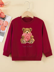 Cartoon Bear And Roses Sweatshirt For Girls Comfy Fit Pullover Tops Youth Kids