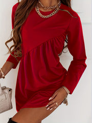 Solid Long Sleeve Tucked Dress Casual Crew Neck Dress For Spring & Fall