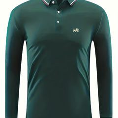 Lion Print Men's Polo Shirt Long Sleeve Lightweight Top