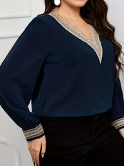 Colorblock Lace Panel Lantern Sleeve Blouse