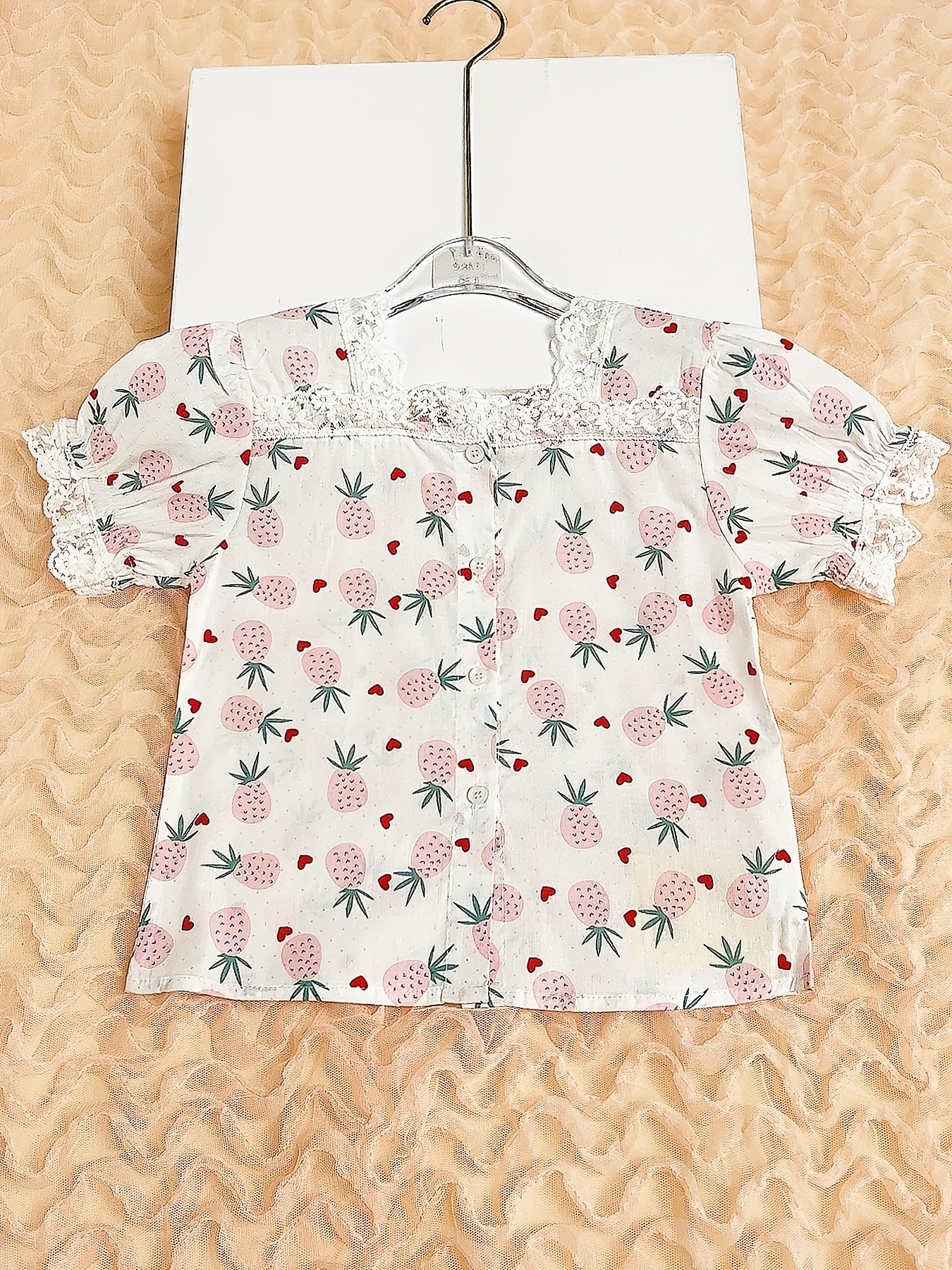 Girls Pink Fruit Full Print Lace Square Neck Short Sleeve Shirt
