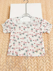 Girls Pink Fruit Full Print Lace Square Neck Short Sleeve Shirt