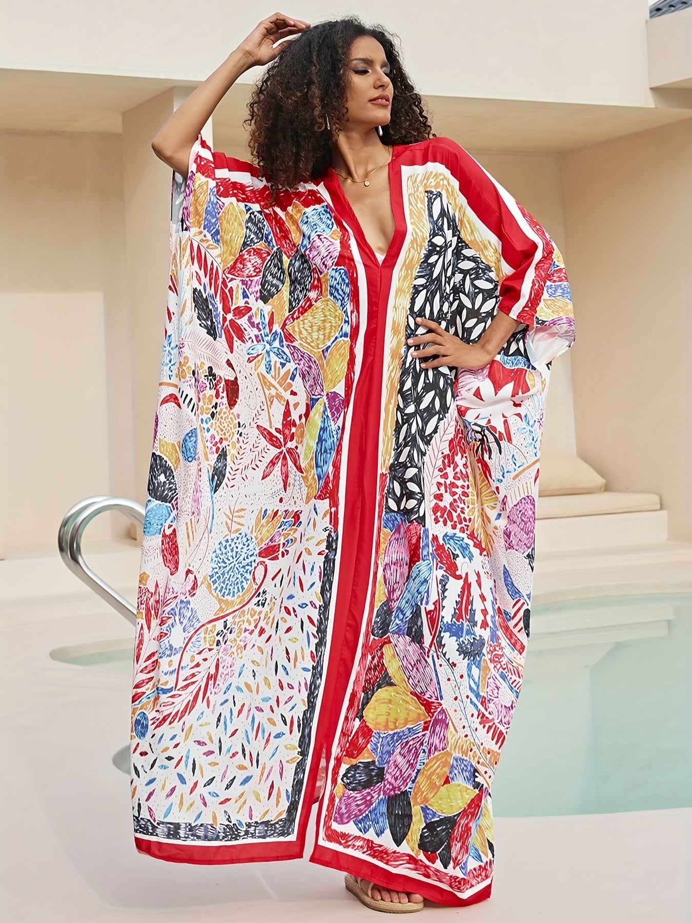 Colorblock Floral Print V Neck Maxi Cover Up