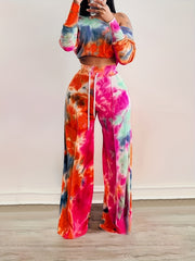 Tie Dye Two piece Set Long Sleeve Crop Top & Wide Leg Pants Outfit