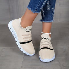 Women's Breathable Slip-On Sneakers LOVE Pattern Stripe Elastic Outdoor Shoes