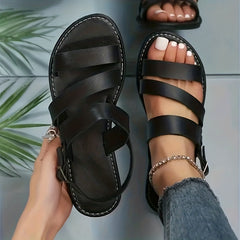 Women's Solid Flat Sandals Lightweight Open Toe Buckle Strap Shoes