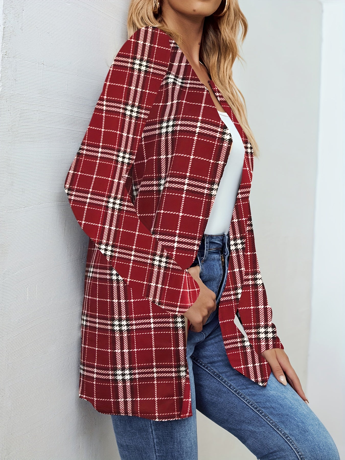 Plaid Print Open Front Jacket Long Sleeve Outerwear