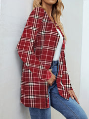Plaid Print Open Front Jacket Long Sleeve Outerwear