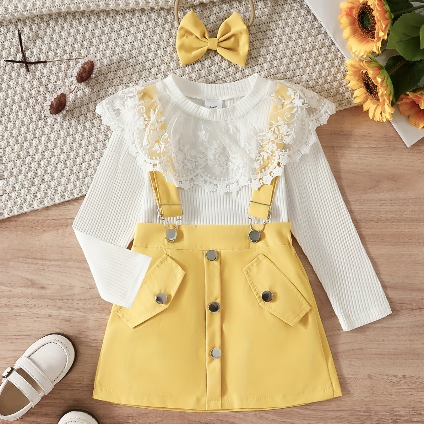 Girl's Top & Jumpsuit Set Lace Ribbed Skirt Casual Outfits Kids Clothes