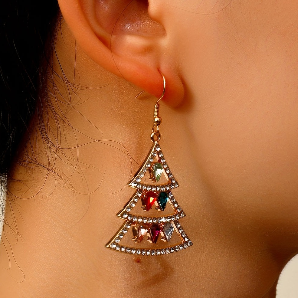 Colorful Rhinestone Christmas Tree Drop Earrings - Jewelry Gift for Girls