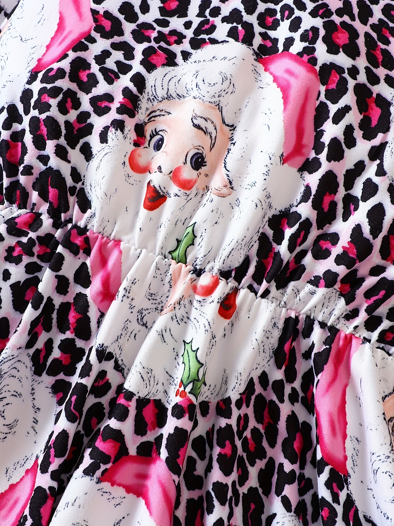 Pink Leopard Santa Dress For Girls Crew Neck Comfortable Fall Winter