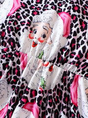 Pink Leopard Santa Dress For Girls Crew Neck Comfortable Fall Winter