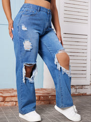 Street Jeans Washed Ripped Cut Out Button Fly Straight Leg