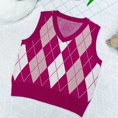 Big Girls Casual V-neck Argyle Graphic Knitted Vest