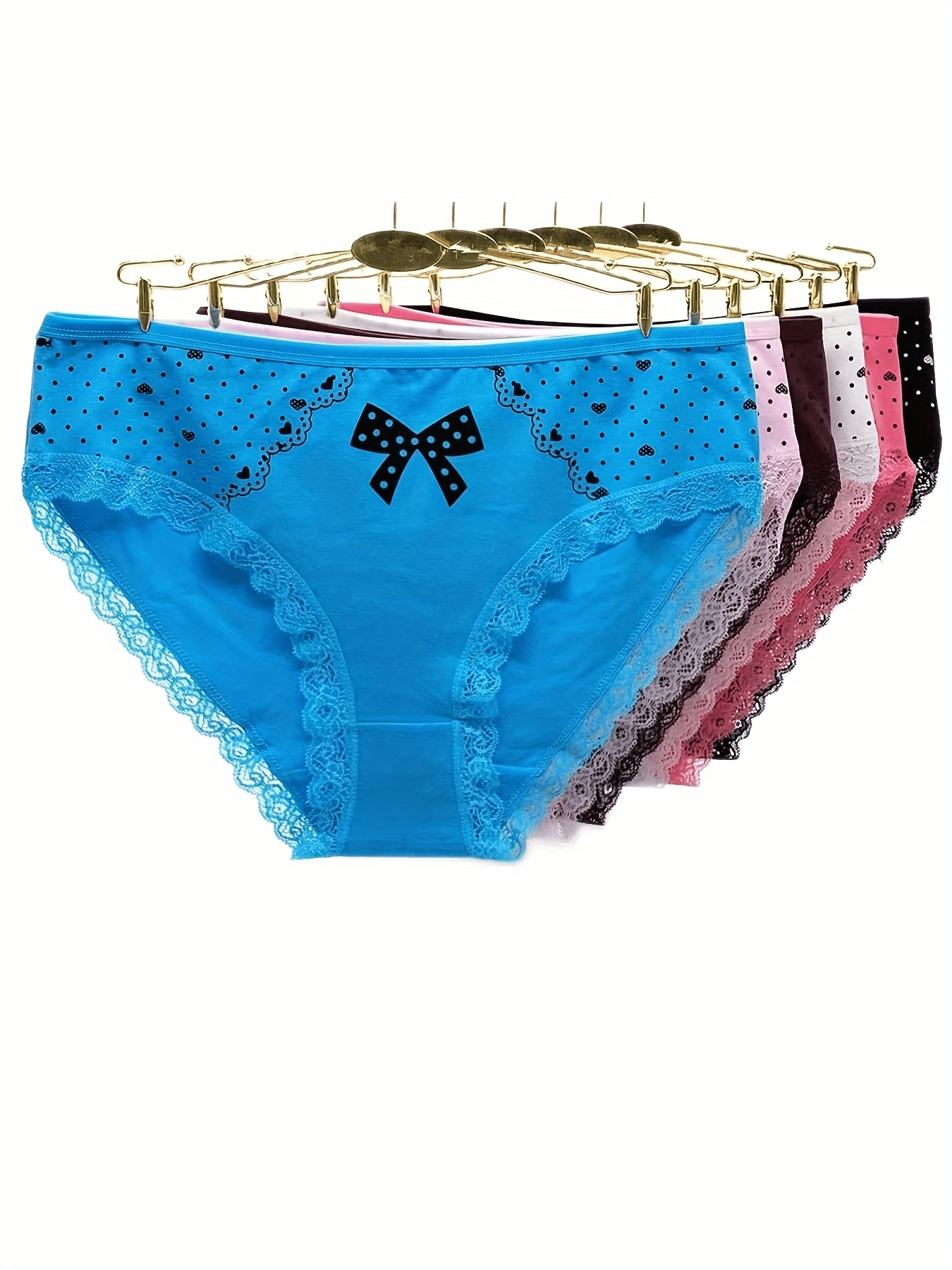 6pcs Heart & Bow Print Lace Trim Briefs Stretchy Intimates Panties