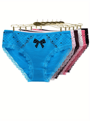 6pcs Heart & Bow Print Lace Trim Briefs Stretchy Intimates Panties