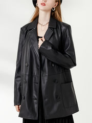 Faux Leather PU Blazer Coat Casual Long Sleeve Loose Blazer