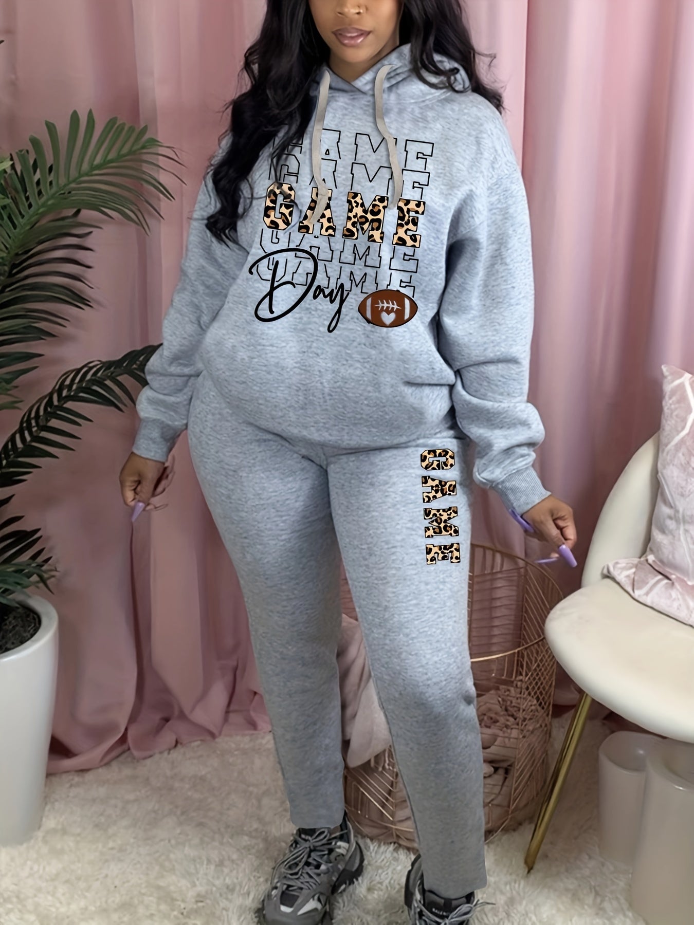 Women's Plus Rugby & Leopard Hoodie & Sweatpants Outfits Set
